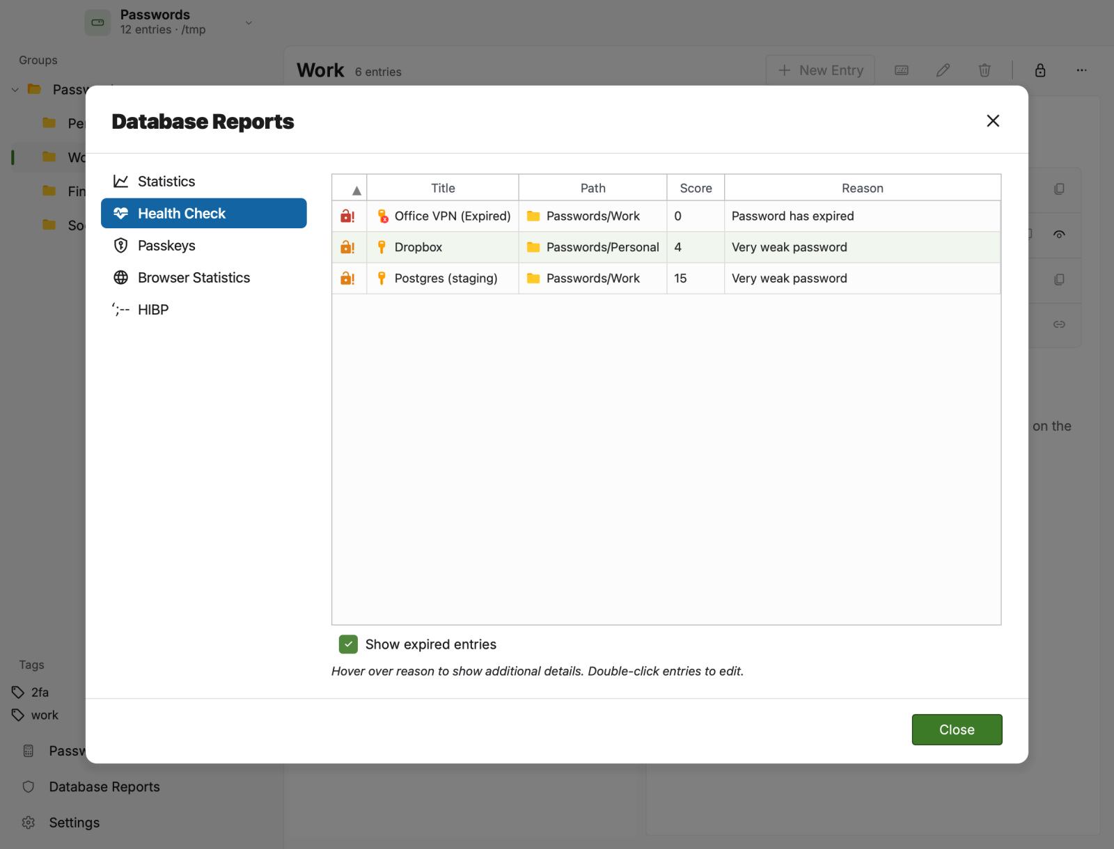 A database health report highlighting weak passwords